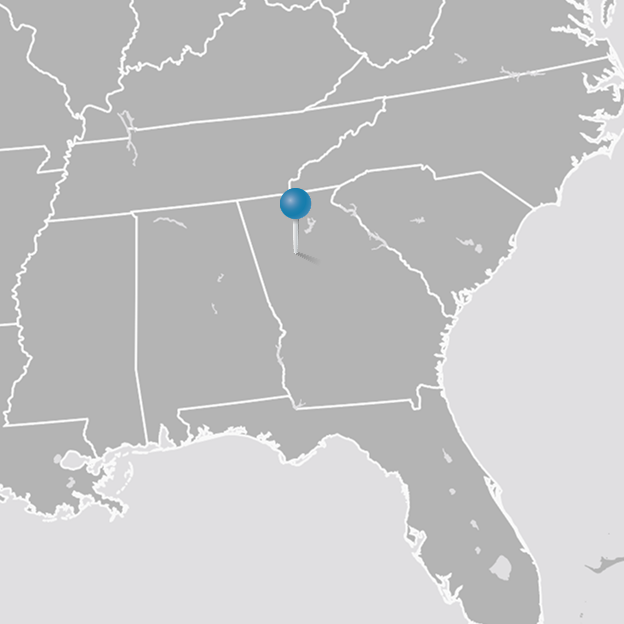 Map with pin marking the city of Atlanta within the state of Georgia