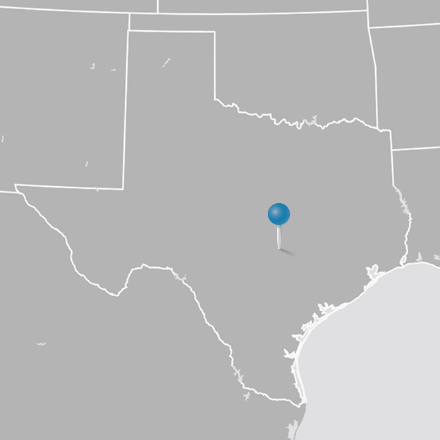 Map with pin marking the city of Austin within the state of Texas