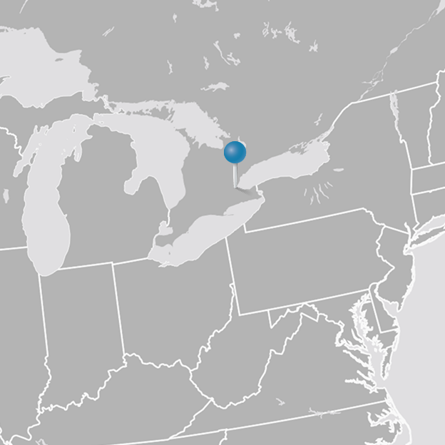 Map with pin marking the city of Toronto 