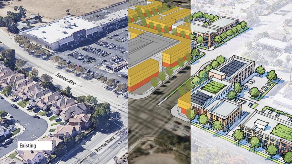 Overlay of illustrative rendering and massing diagram over photo of shopping center parking lot with proposed mixed use infill development.
