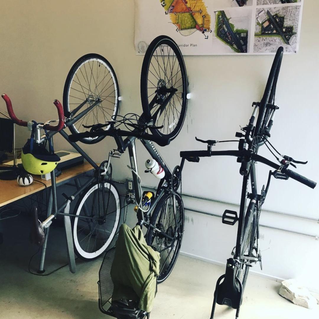 bikes hanging on office wall